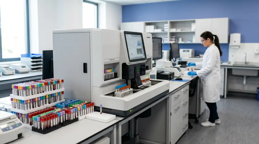 Modern pathology laboratory with an automated blood analyser and sample tubes, technician working in the background