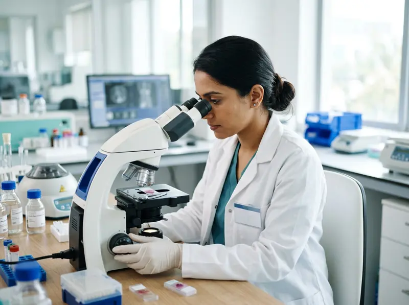 Pathologist examining a sample slide under a binocular microscope